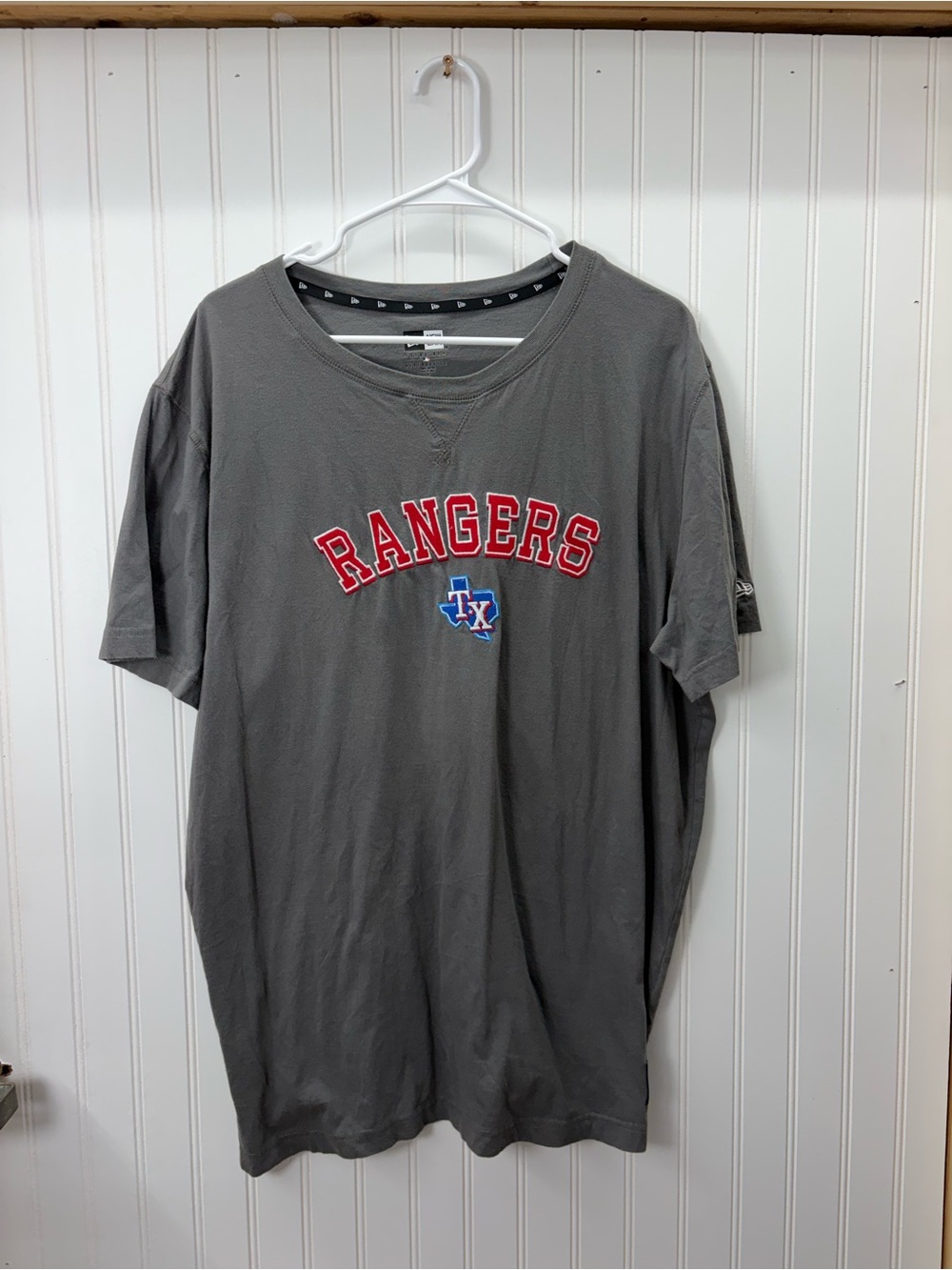 New Era Gray Rangers Short-Sleeve Graphic Tee with Red Lettering
